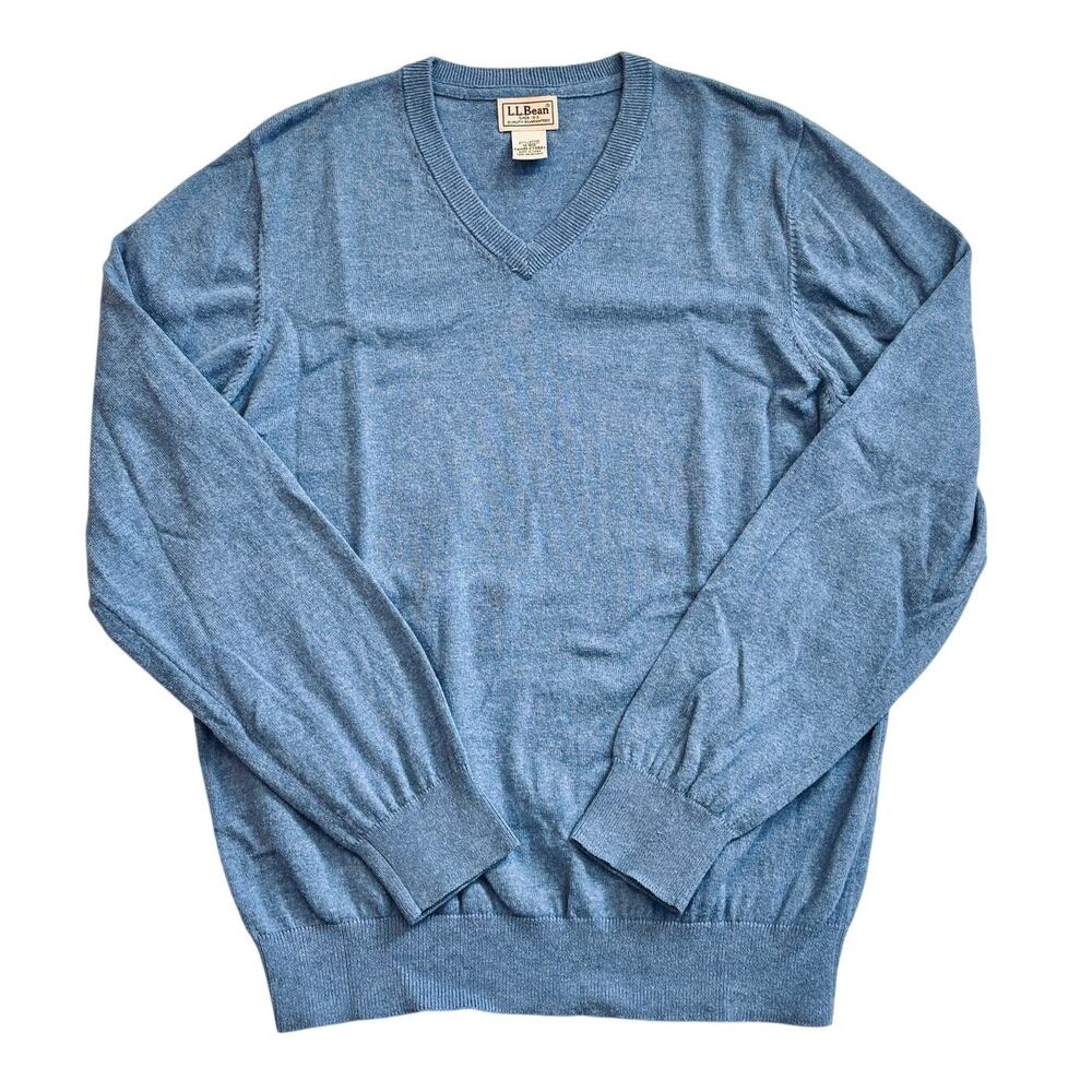 LL Bean Sweater Mens Size Medium Blue V Neck Cotton Cashmere Blend Long Preppy